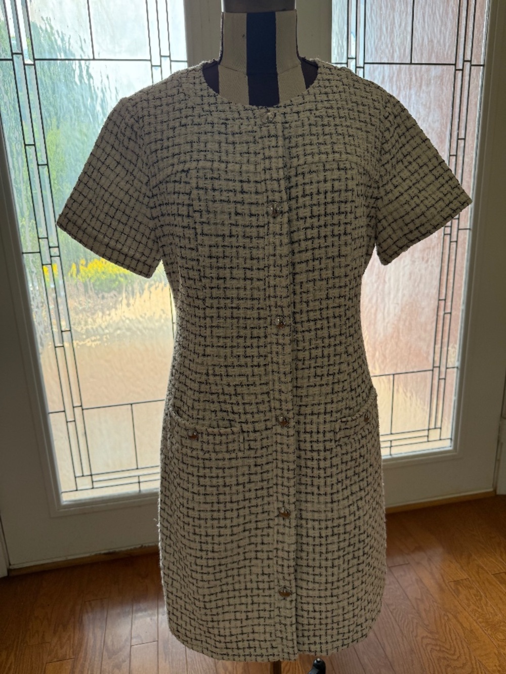 Rachel Zoe Tweed Lurex Button Up Dress Womens Size 8 White Short Sleeve NWOT
